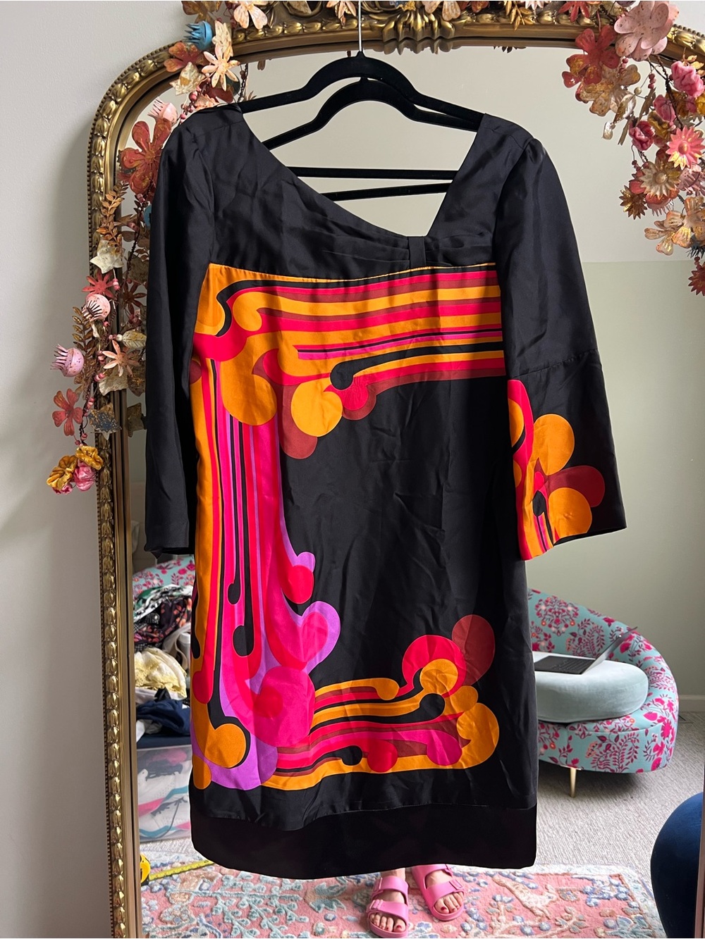 Tibi Black Dress with Pink & Orange Graphic Print